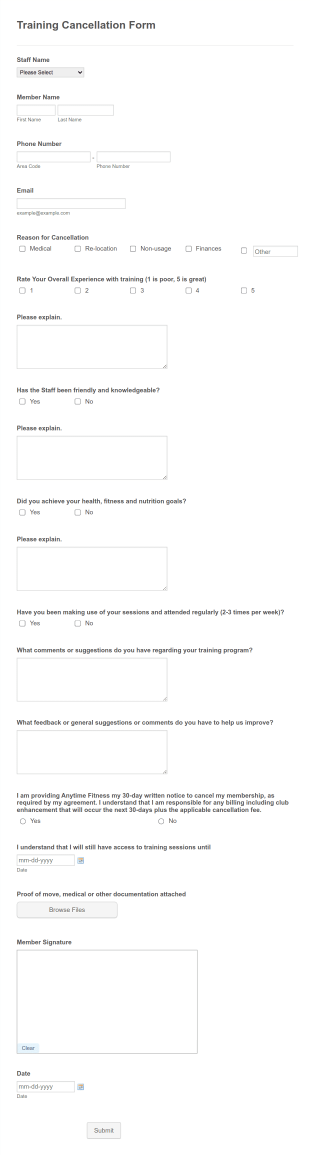 Fitness Training Cancellation Form Template