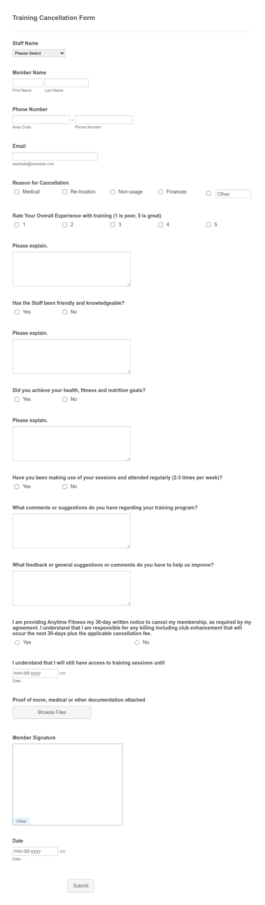 Sample Course Cancellation Form Fitness Training Cancellation Form Template | Jotform