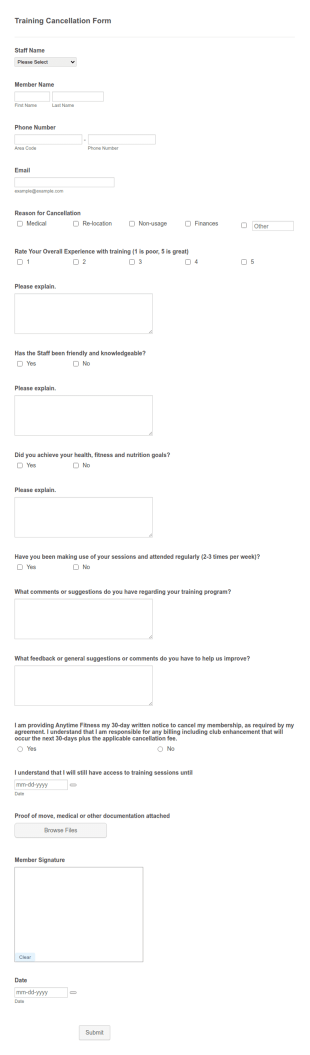 Fitness Training Cancellation Form Template