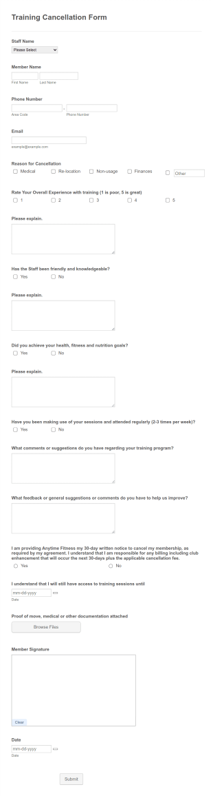 Fitness Training Cancellation Form Template