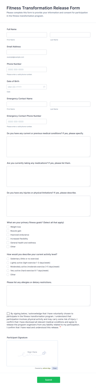 Fitness Transformation Release Form Template