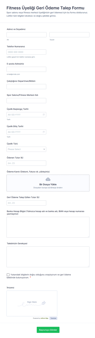 Fitness Üyeliği Geri Ödeme Talep Form Şablonu