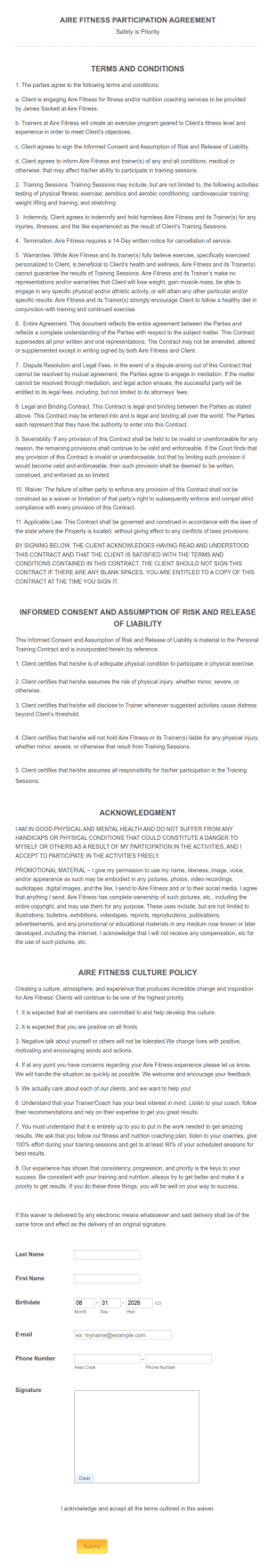Fitness Participation Agreement Form Template