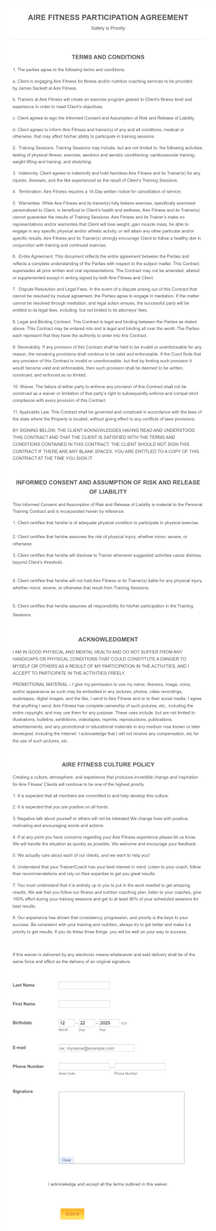 Fitness Waiver Form Template