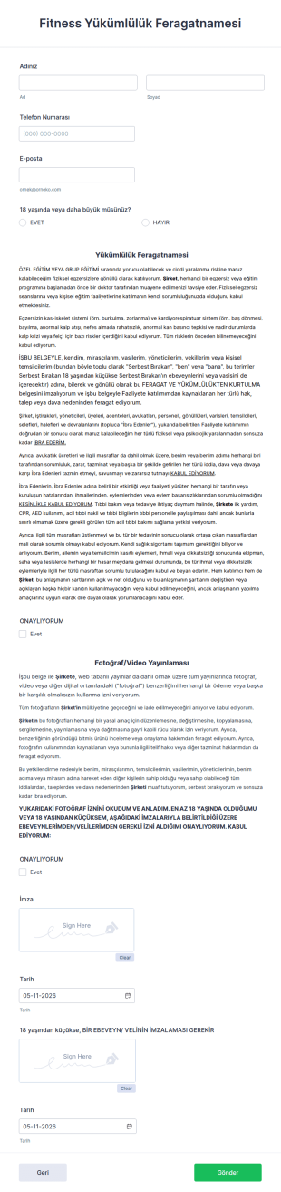 Fitness Yükümlülük Feragatnamesi Form Şablonu
