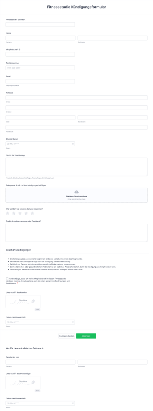 Fitnessstudio Kündigungsformular