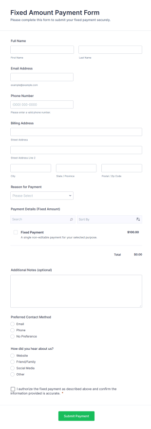 Fixed Amount Payment Form Template