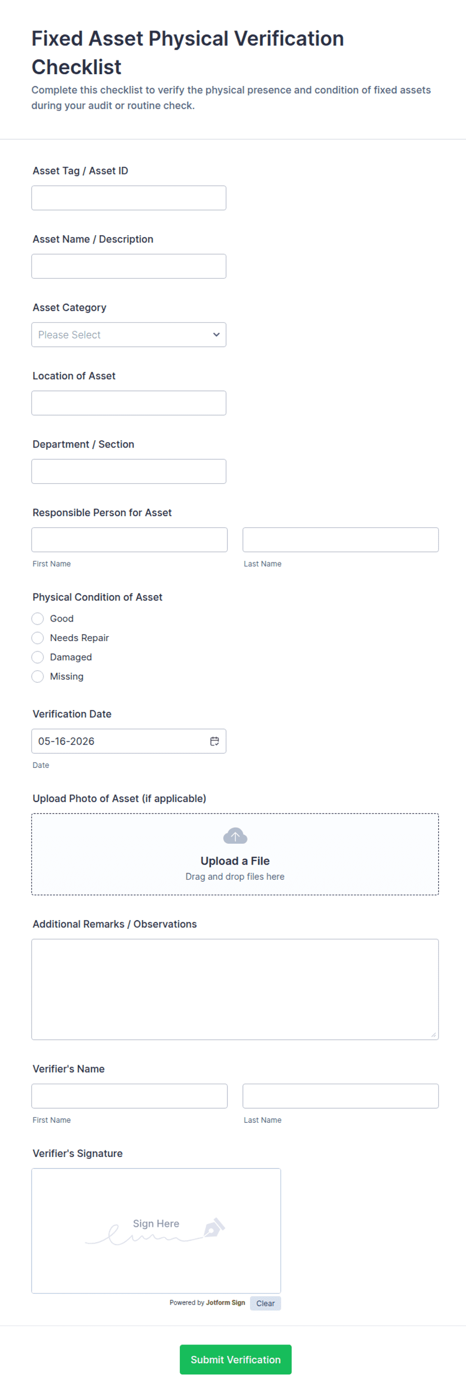 Form Checklist Code Asset Fixed Asset Physical Verification Checklist Form Template | Jotform