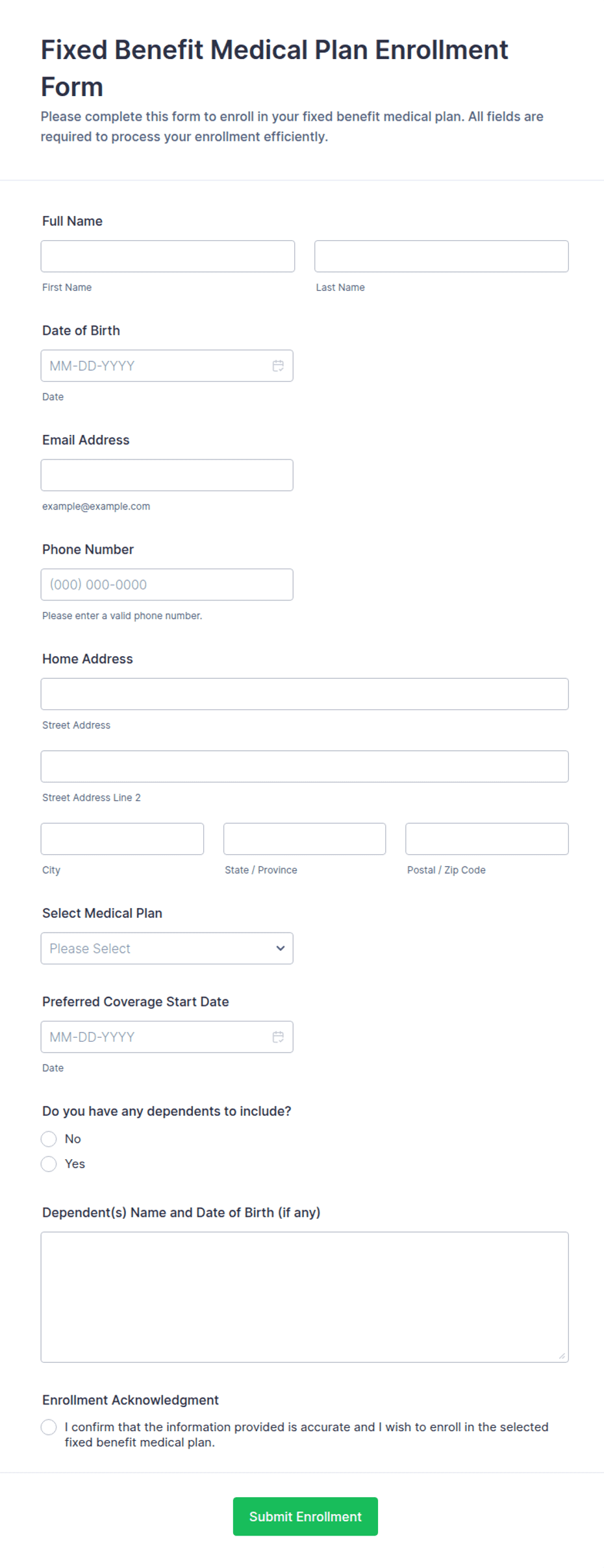 Fixed Benefit Medical Plan Enrollment Form Template | Jotform