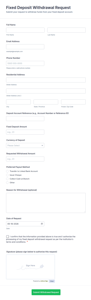 Fixed Deposit Withdrawal Request Form Template