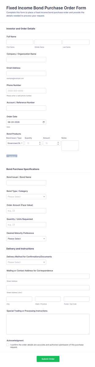 Fixed Income Bond Purchase Order Form Template
