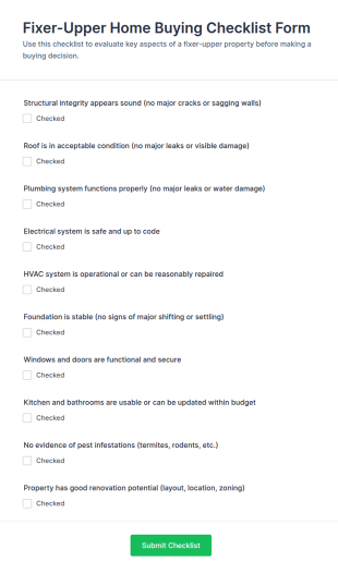 Fixer Upper Home Buying Checklist Form Template