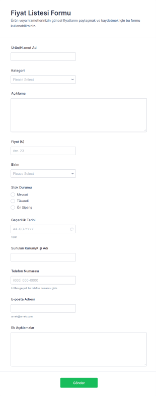 Fiyat Listesi Form Şablonu