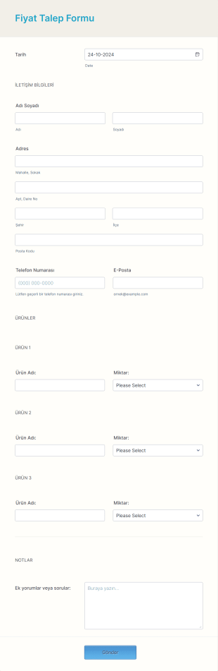 Fiyat Talep Form Template