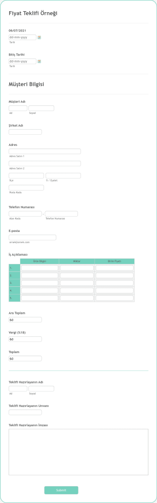 Fiyat Teklifi Örneği Form Template