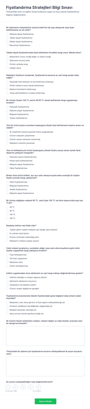 Fiyatlandırma Stratejisi Bilgi Testi Form Şablonu