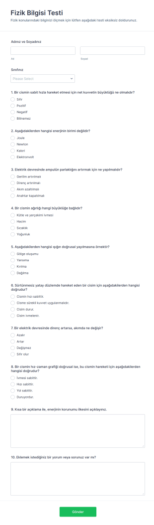 Fizik Bilgisi Testi Form Şablonu