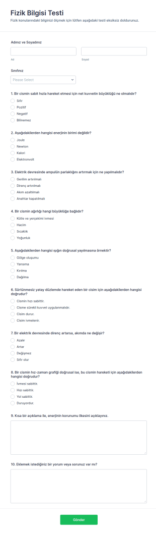 Fizik Bilgisi Testi Form Şablonu