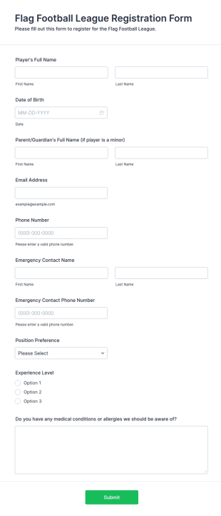 Flag Football League Registration Form Template