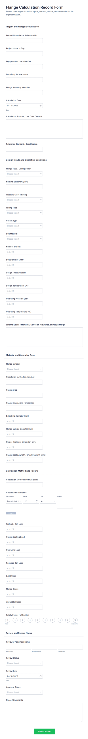 Flange Calculation Record Form Template
