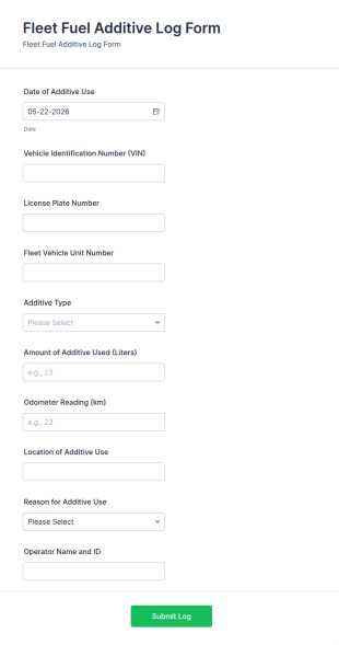 Fleet Fuel Additive Log Form Template