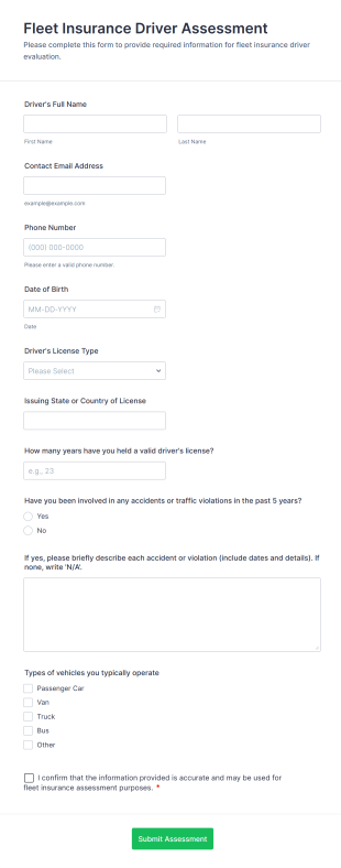 Fleet Insurance Driver Assessment Form Template