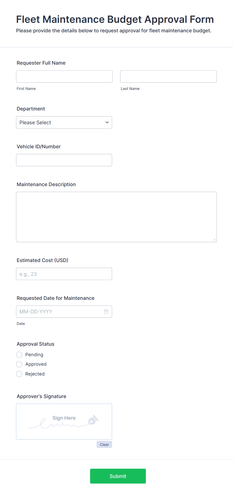 Fleet Maintenance Budget Approval Form Template | Jotform