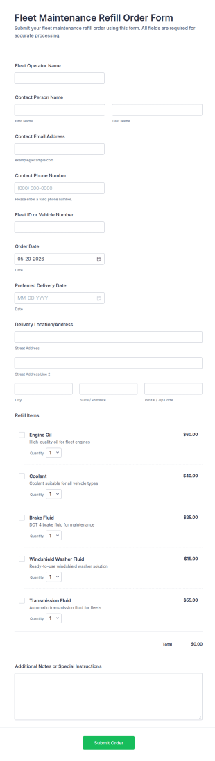 Fleet Maintenance Refill Order Form Template