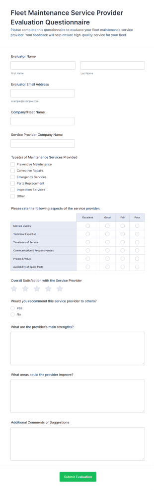 Fleet Maintenance Service Provider Evaluation Questionnaire Form Template