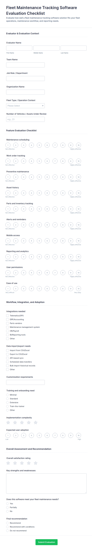 Fleet Maintenance Tracking Software Evaluation Checklist Form Template