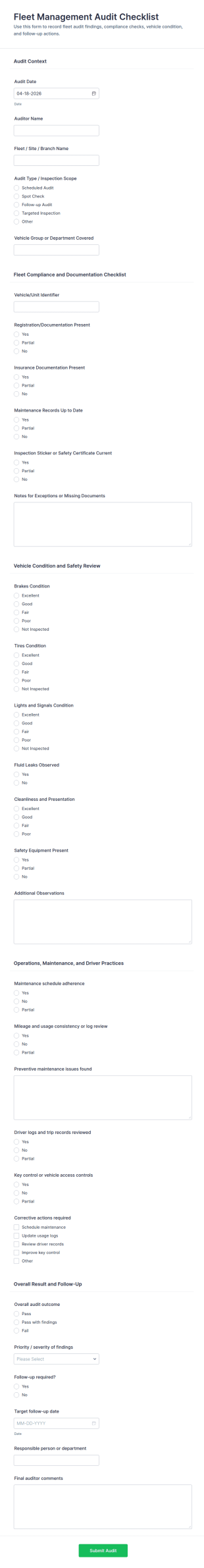 Fleet Management Audit Checklist Form Template