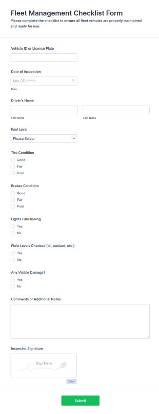 Fleet Management Checklist Form Template