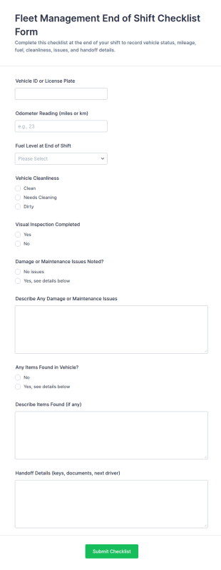 Fleet Management End Of Shift Checklist Form Template