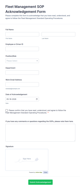 Fleet Management SOP Acknowledgement Form Template