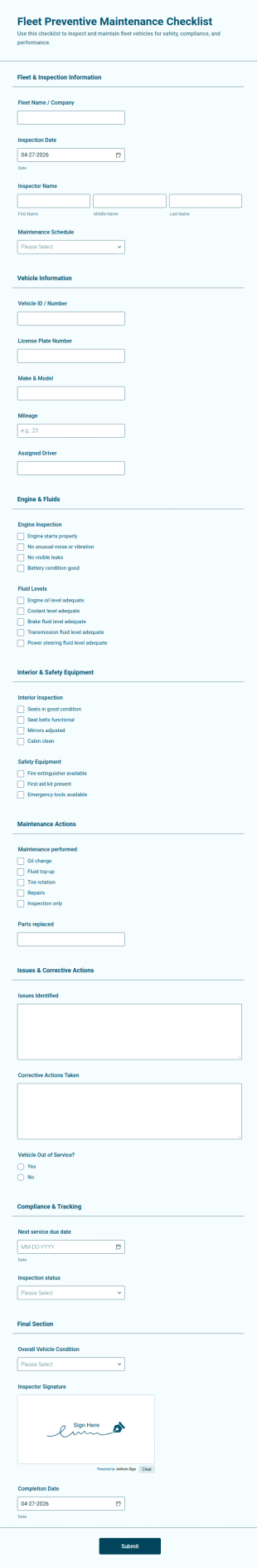 Fleet Preventive Maintenance Checklist Form Template