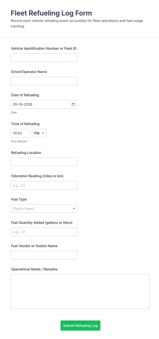 Fleet Refueling Log Form Template