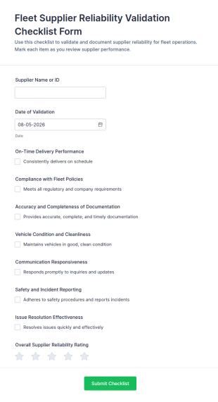 Fleet Supplier Reliability Validation Form Template