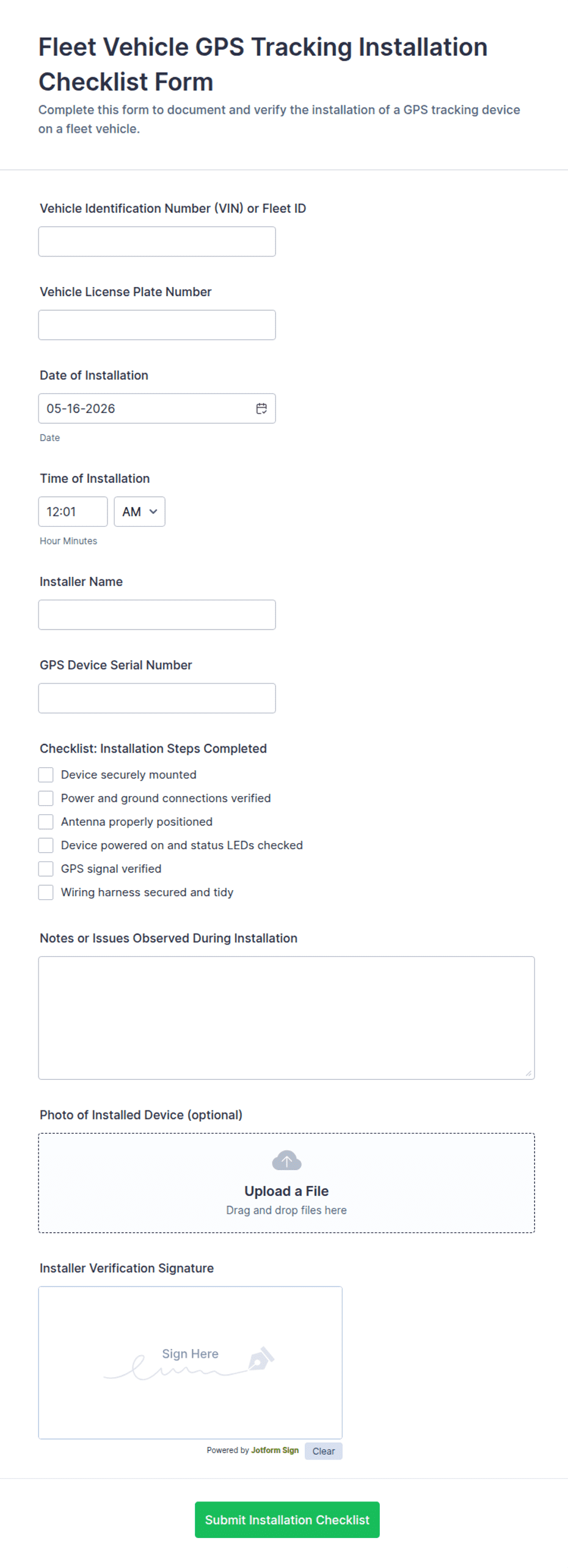 Fleet Vehicle GPS Tracking Installation Checklist Form Template | Jotform