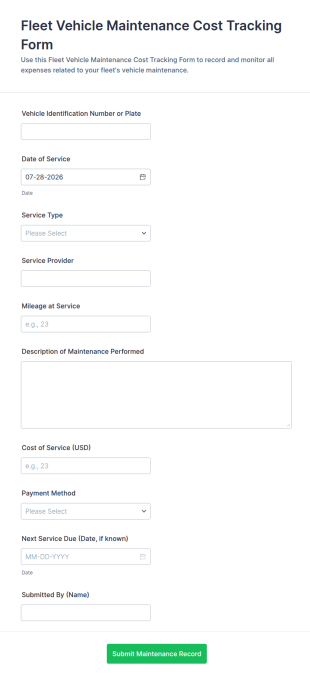 Fleet Vehicle Maintenance Cost Tracking Form Template
