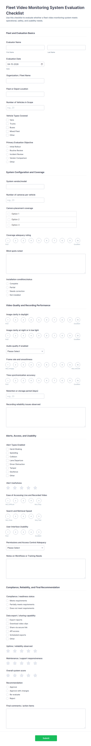 Fleet Video Monitoring System Evaluation Checklist Form Template