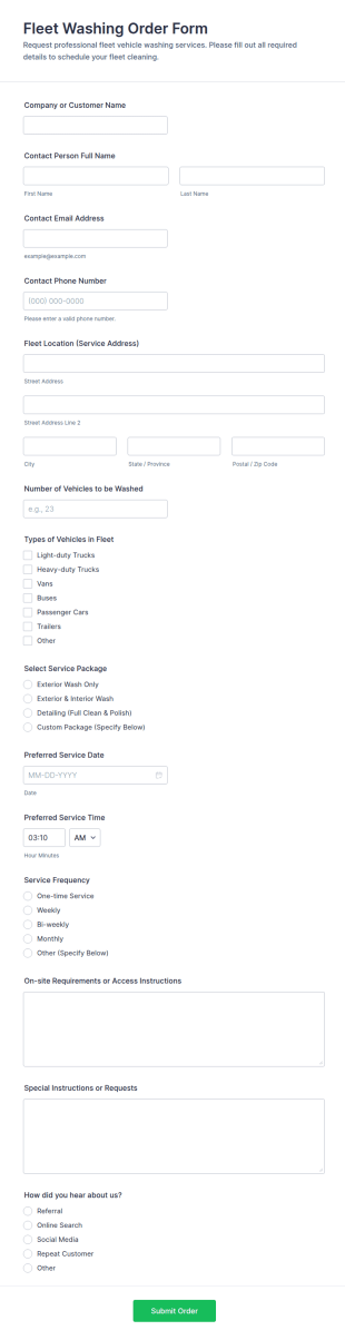 Fleet Washing Order Form Template