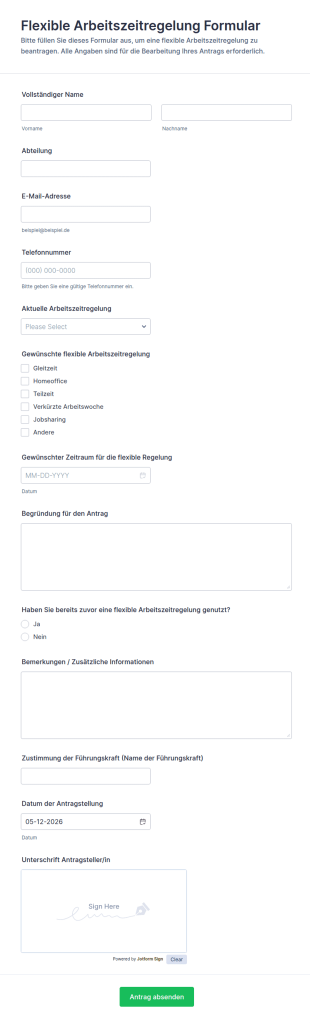 Flexible Arbeitszeitregelung Formular