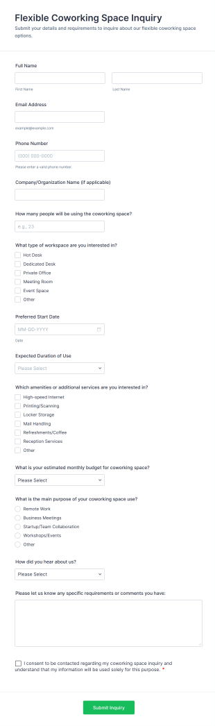 Flexible Coworking Space Inquiry Form Template