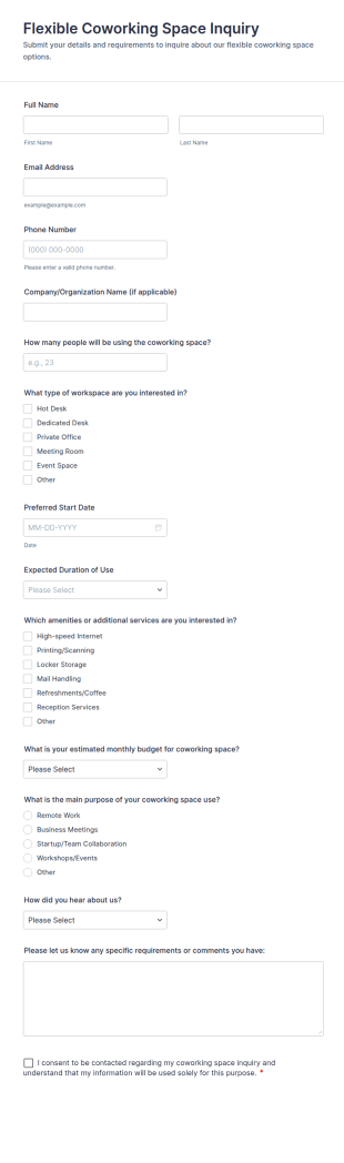 Flexible Coworking Space Inquiry Form Template