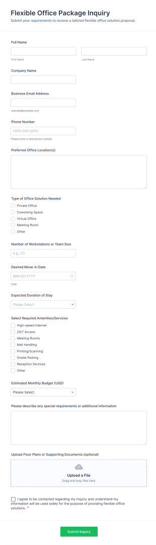 Flexible Office Package Inquiry Form Template