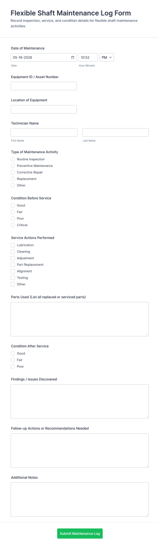 Flexible Shaft Maintenance Log Form Template
