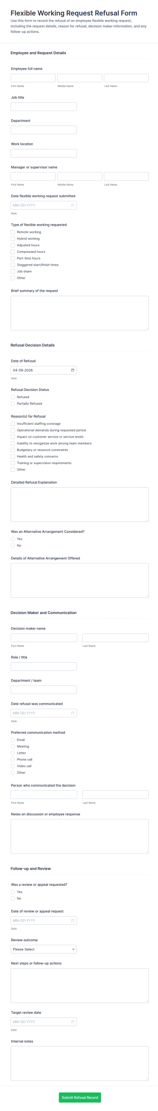Flexible Working Request Refusal Form Template