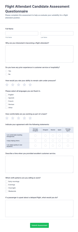 Flight Attendant Candidate Assessment Questionnaire Form Template