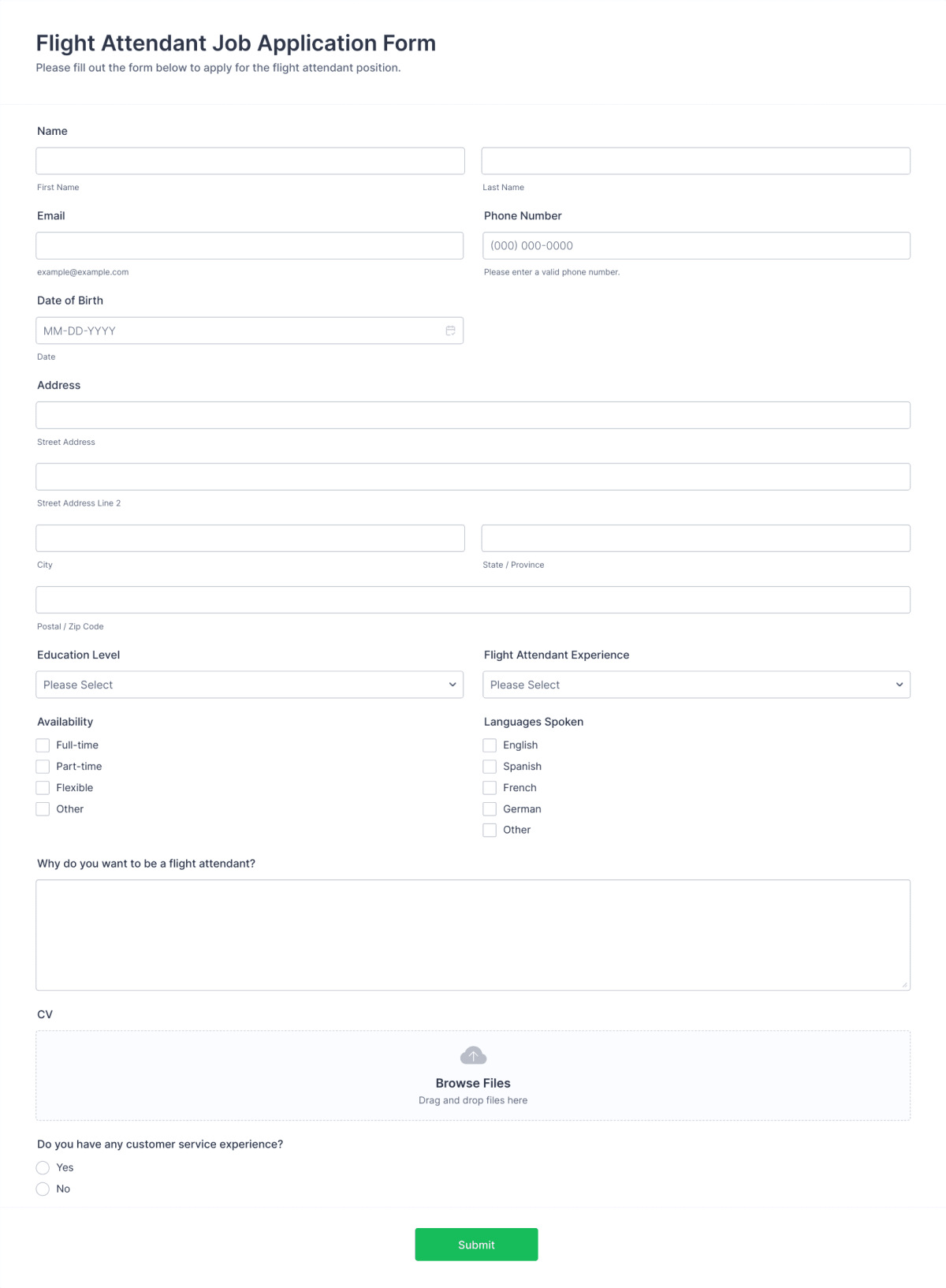 Flight Attendant Job Application Form Template | Jotform