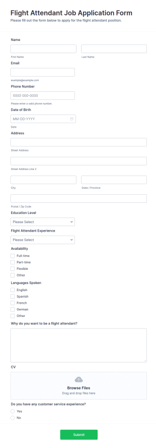 Flight Attendant Job Application Form Template